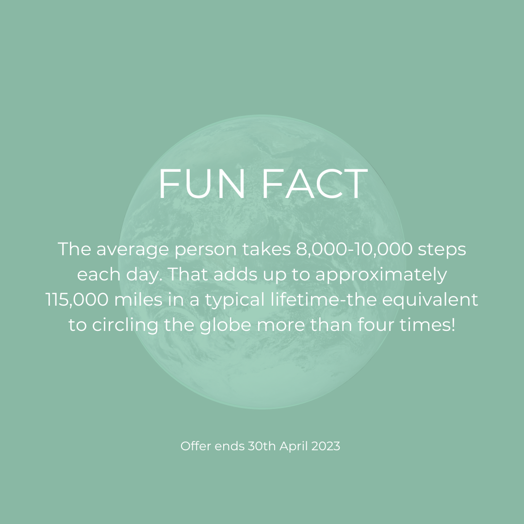 Fun Fact. The average person takes 8,000-10,000 steps each day. That adds up to approximately 115,000 miles in a typical lifetime-the equivalent to circling the globe more than four times!